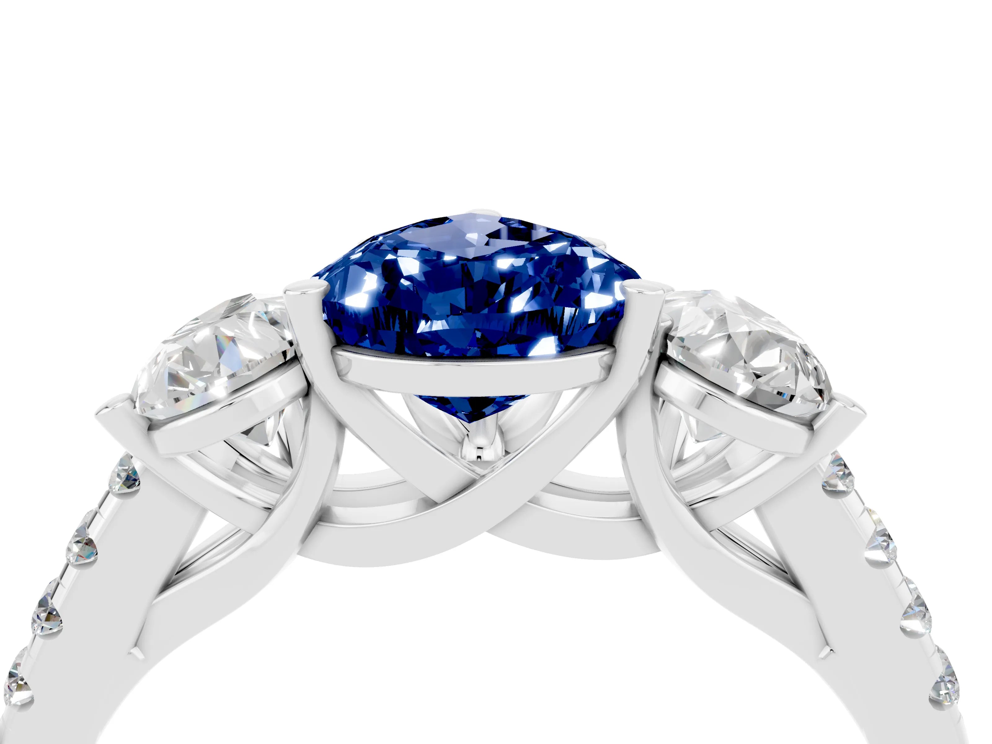 White gold Three-Stone Pear Cut Blue Sapphire Ring with Pavé Band and Prong Setting_16