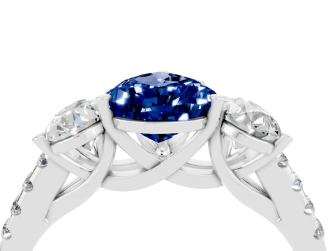 White gold Three-Stone Pear Cut Blue Sapphire Ring with Pavé Band and Prong Setting_16