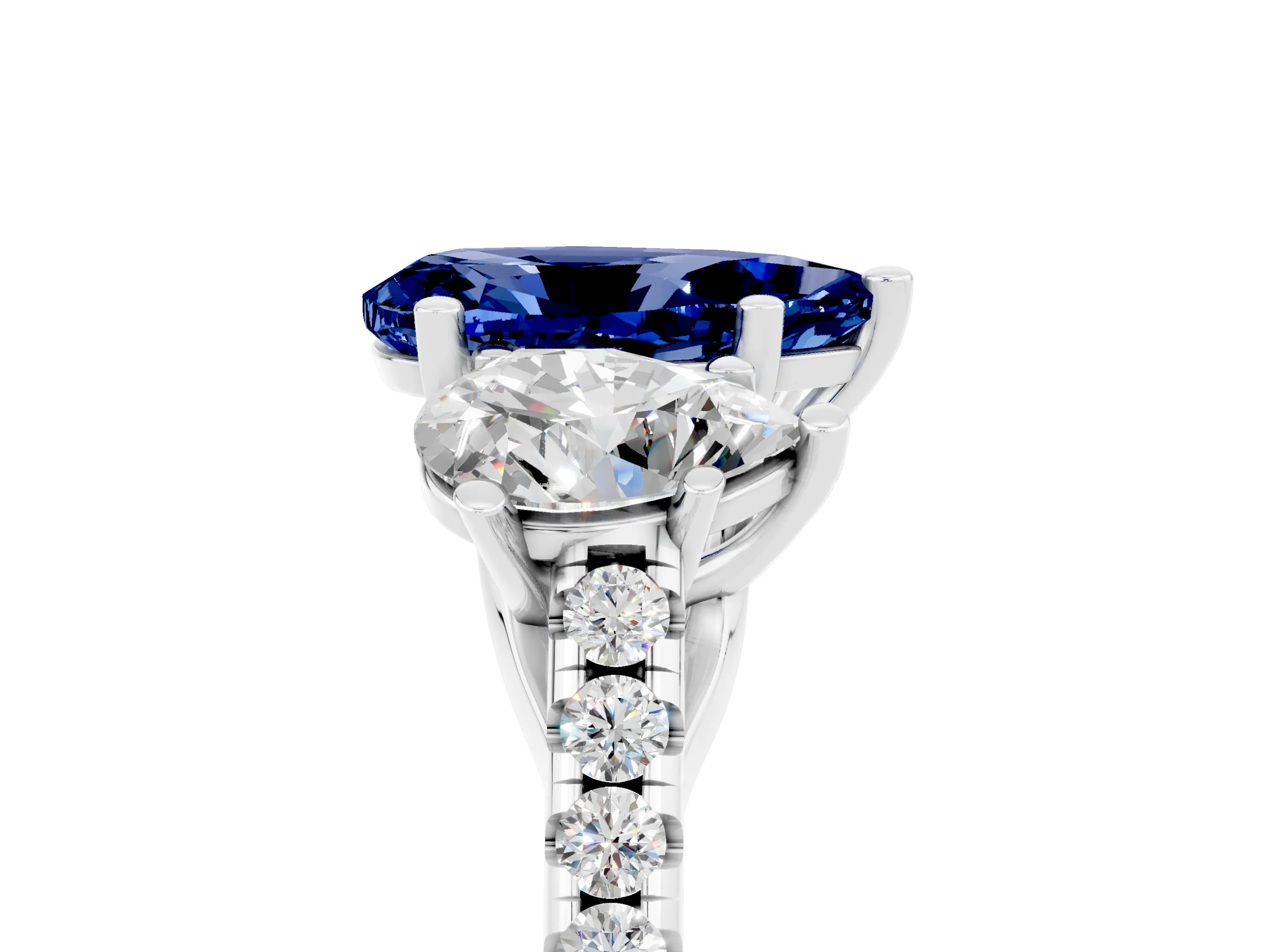 White gold Three-Stone Pear Cut Blue Sapphire Ring with Pavé Band and Prong Setting_17
