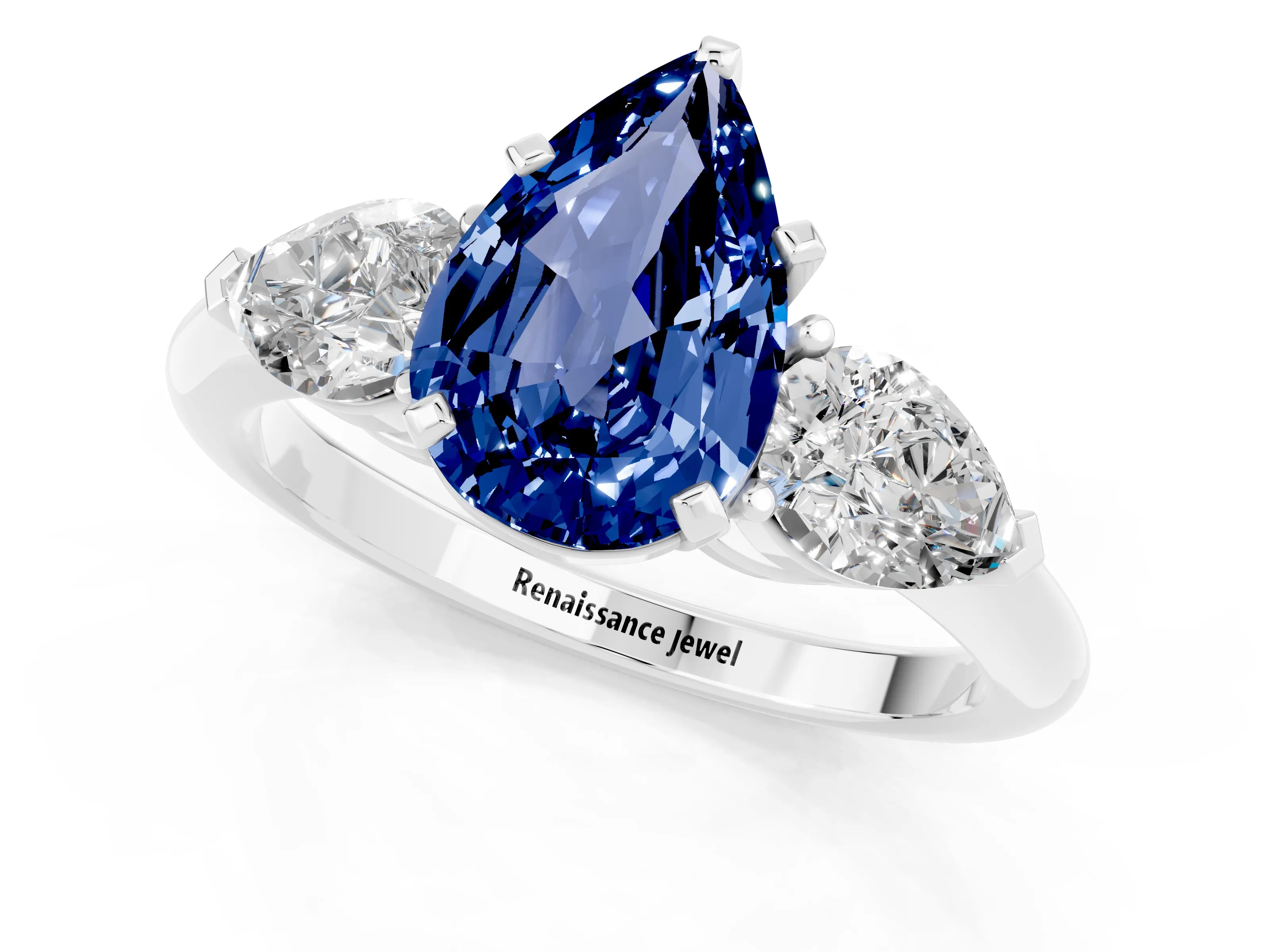 White gold Three-Stone Pear Cut Blue Sapphire Ring with Pear Side Stones and Four-Prong Setting_1