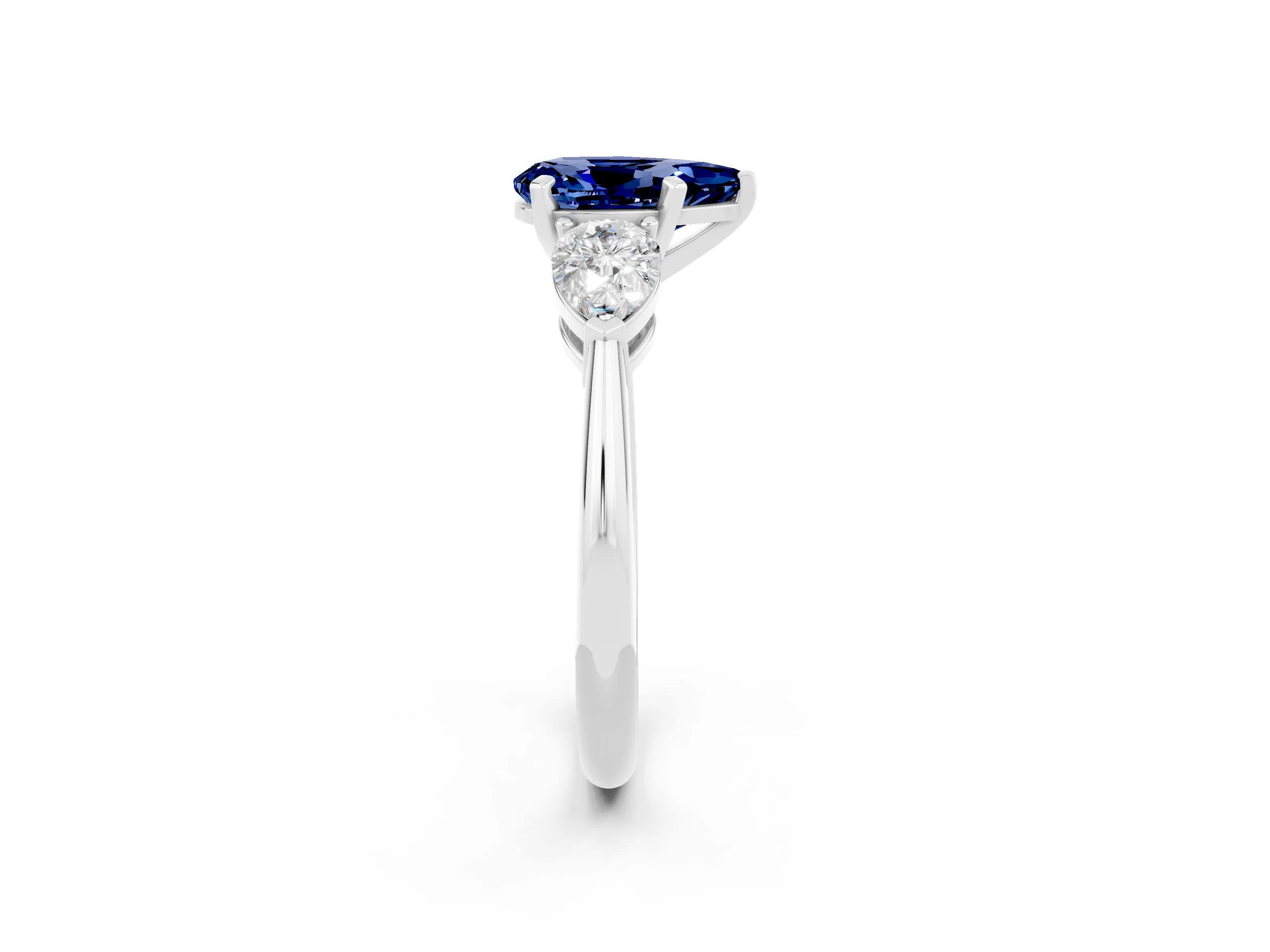 White gold Three-Stone Pear Cut Blue Sapphire Ring with Pear Side Stones and Four-Prong Setting_2