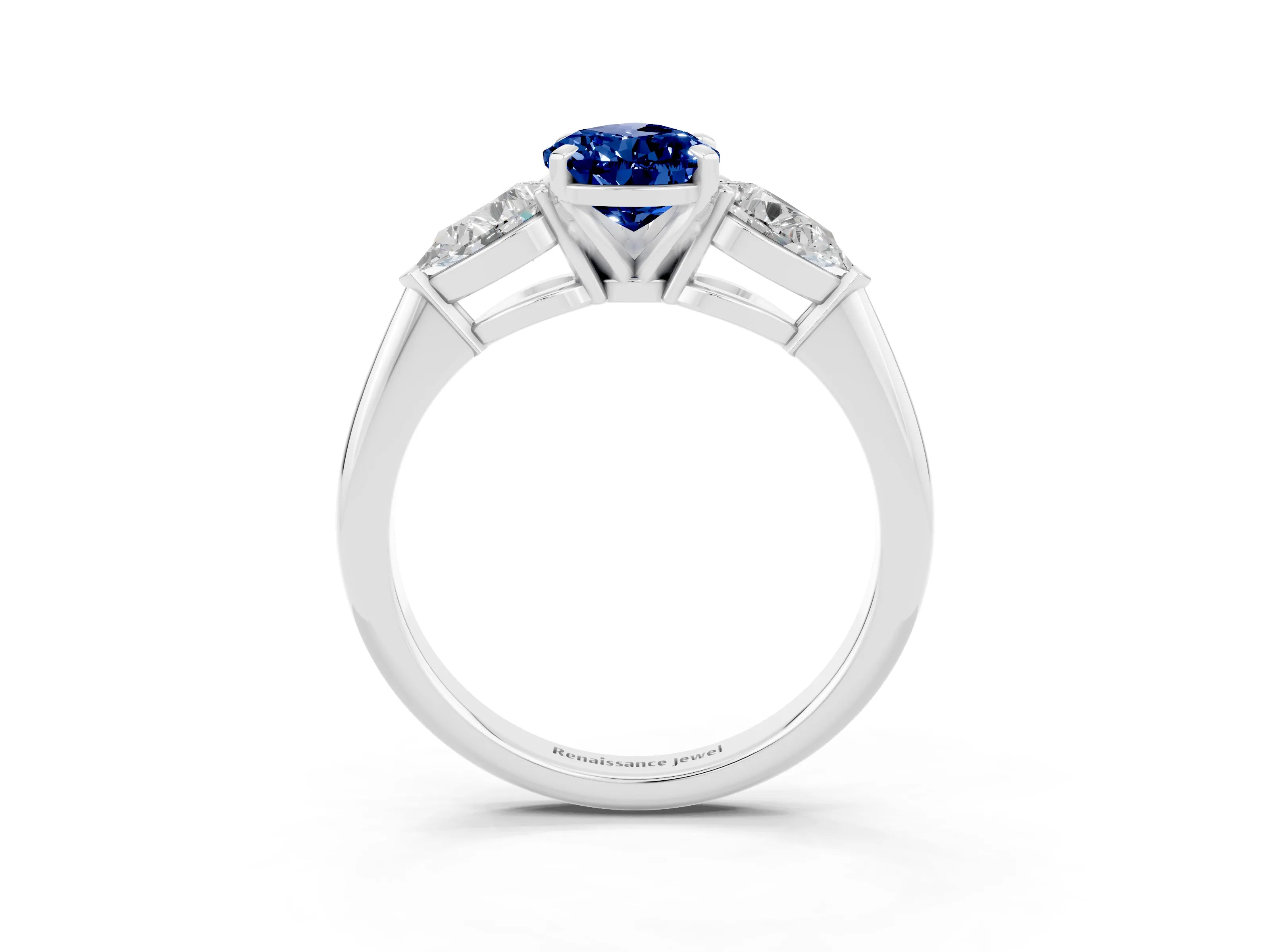 White gold Three-Stone Pear Cut Blue Sapphire Ring with Pear Side Stones and Four-Prong Setting_3