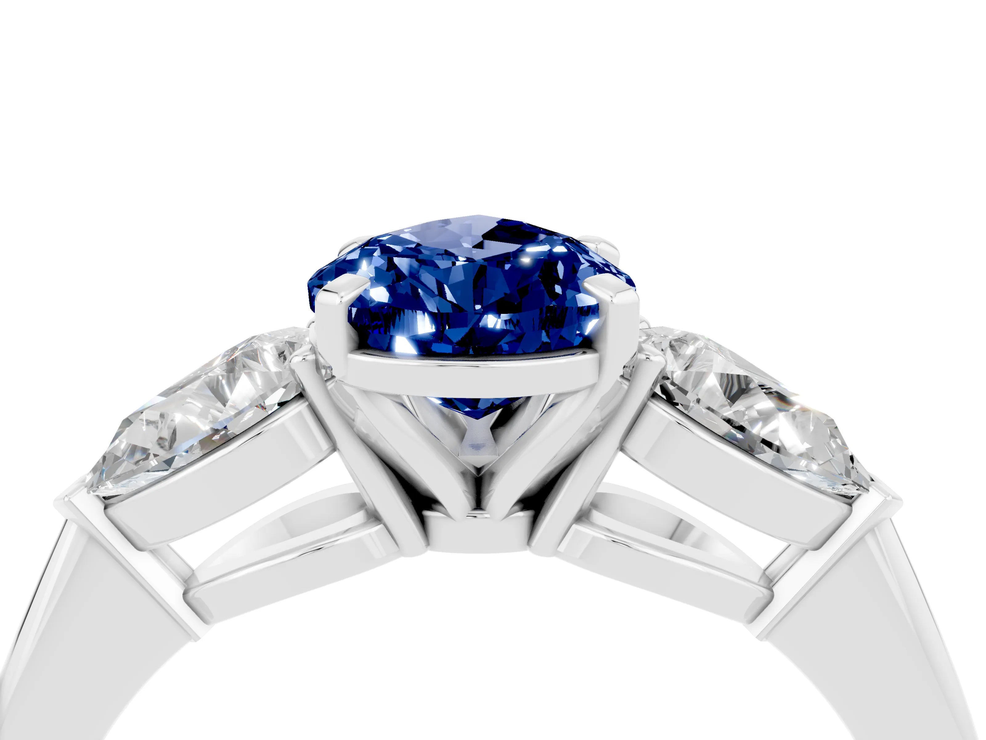 White gold Three-Stone Pear Cut Blue Sapphire Ring with Pear Side Stones and Four-Prong Setting_4