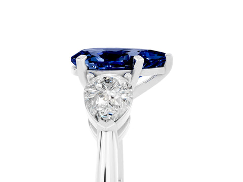 White gold Three-Stone Pear Cut Blue Sapphire Ring with Pear Side Stones and Four-Prong Setting_5