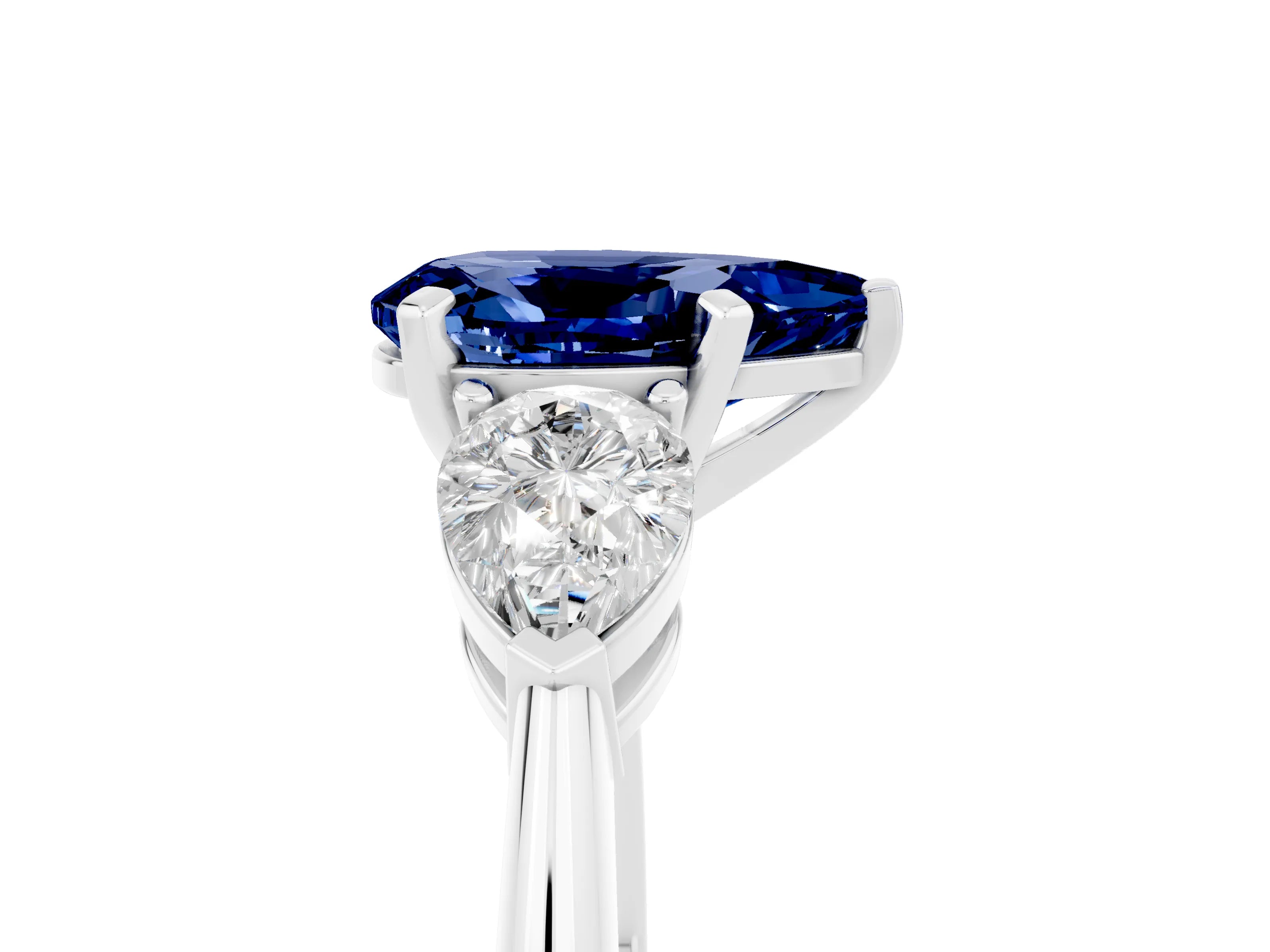 White gold Three-Stone Pear Cut Blue Sapphire Ring with Pear Side Stones and Four-Prong Setting_5