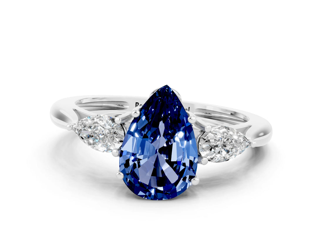 White gold Three-Stone Pear Cut Blue Sapphire Ring with Pear  Side Stones in Four-Prong Setting_12