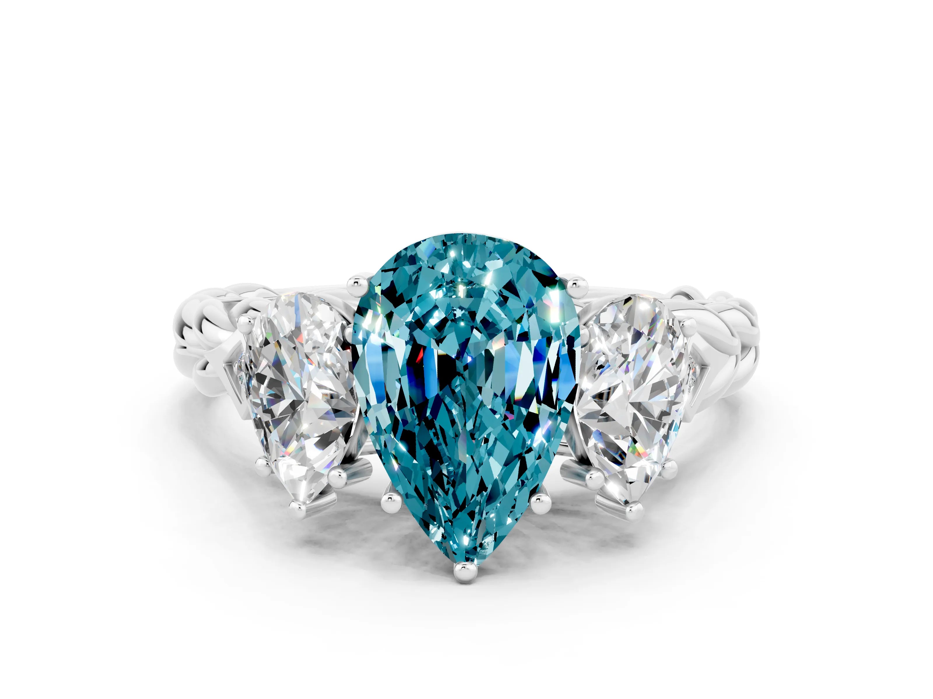 White gold Three-Stone Pear Cut Blue Topaz Braided Band Ring with Four-Prong Setting_12