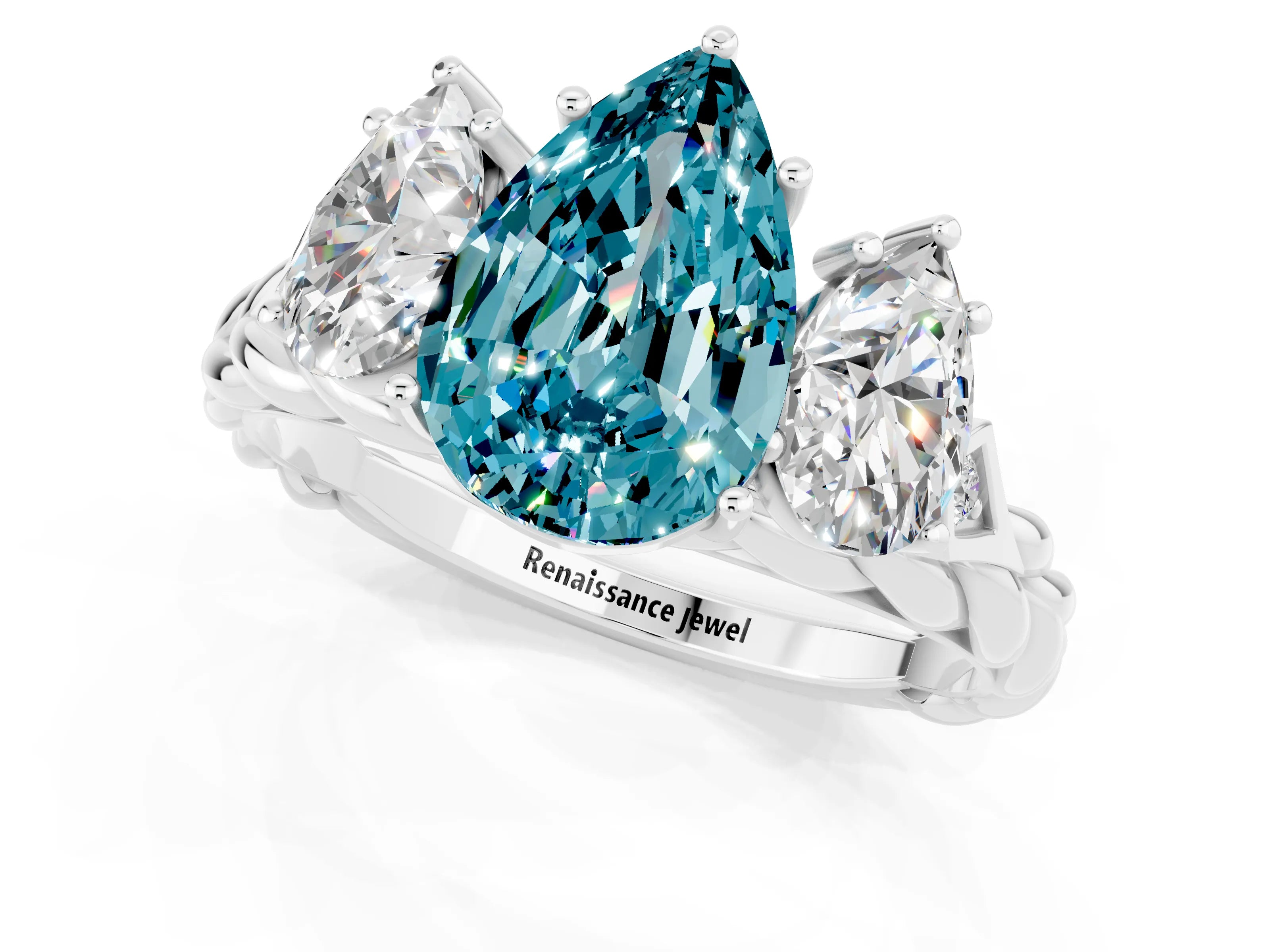 White gold Three-Stone Pear Cut Blue Topaz Braided Band Ring with Four-Prong Setting_13