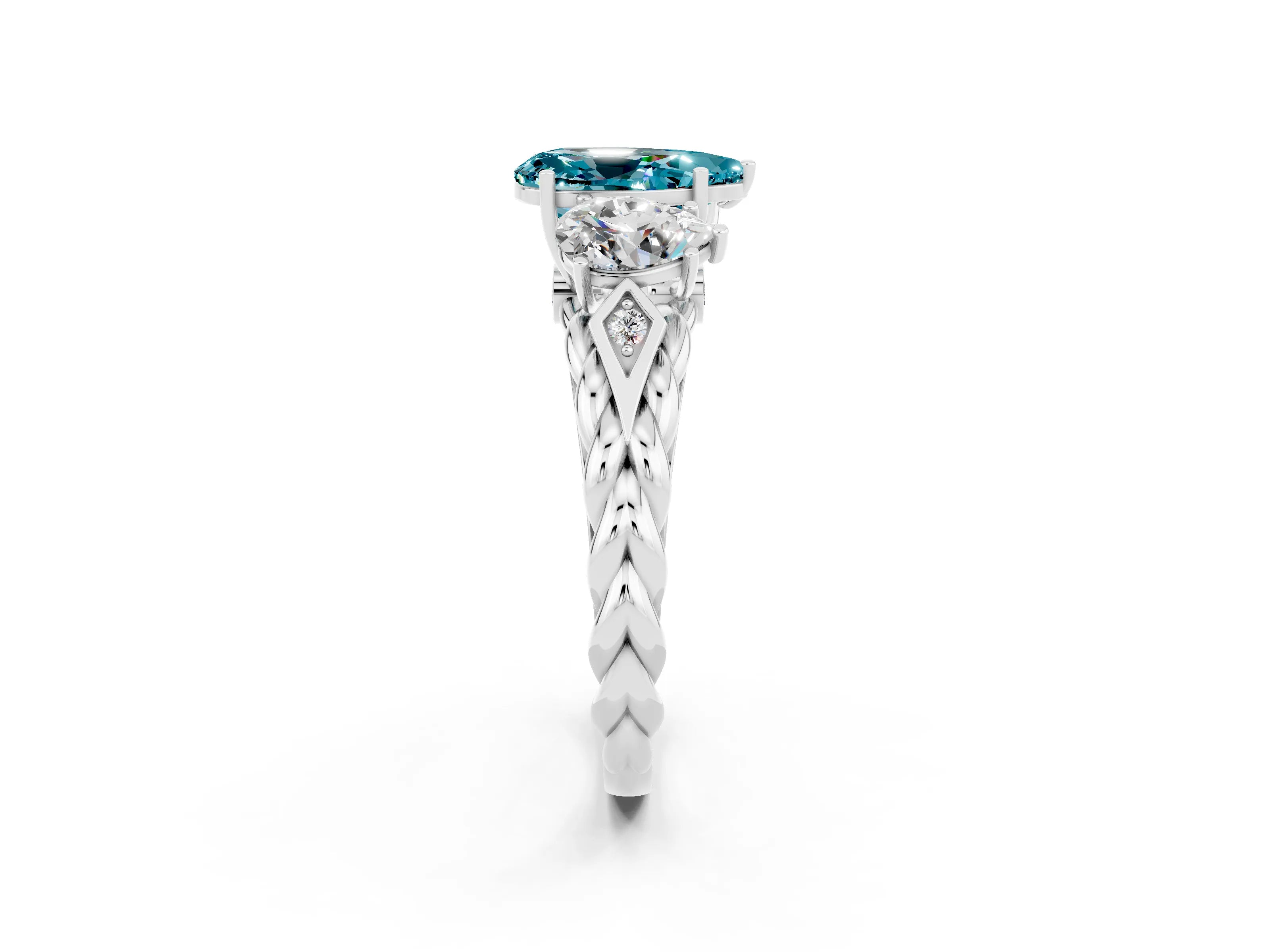 White gold Three-Stone Pear Cut Blue Topaz Braided Band Ring with Four-Prong Setting_14