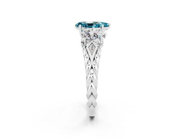 Silver Three-Stone Pear Cut Blue Topaz Braided Band Ring with Four-Prong Setting