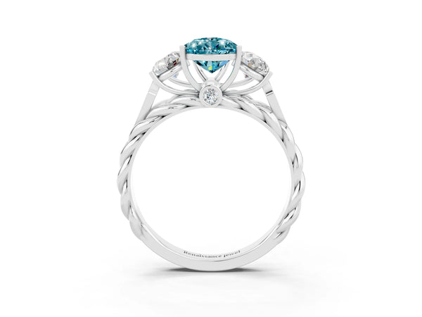 Platinum Three-Stone Pear Cut Blue Topaz Braided Band Ring with Four-Prong Setting