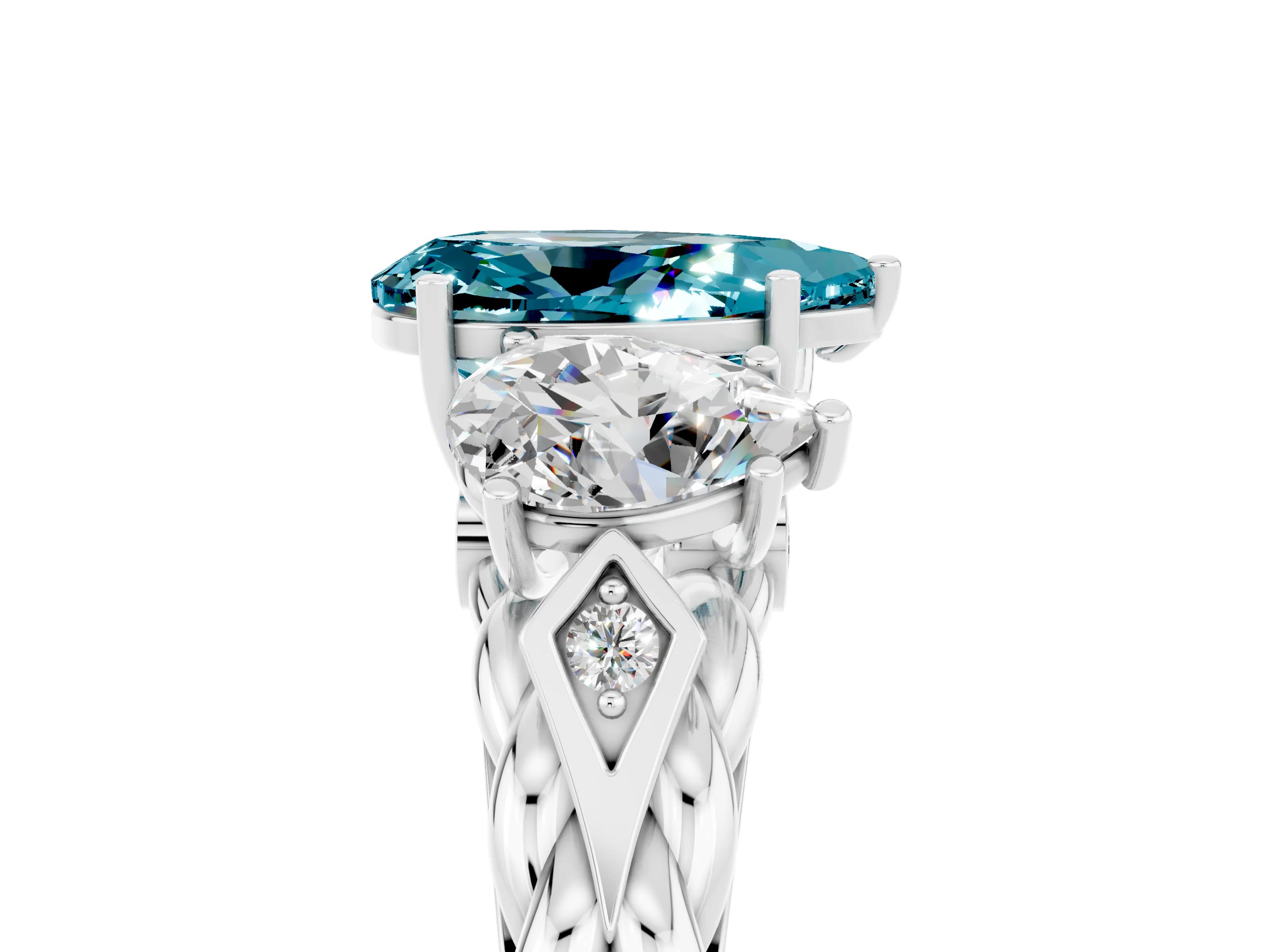 White gold Three-Stone Pear Cut Blue Topaz Braided Band Ring with Four-Prong Setting_17