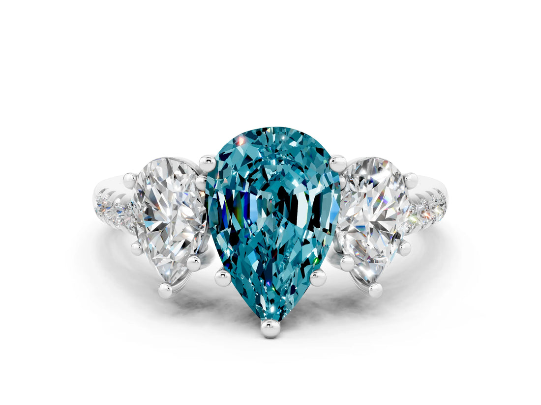 White gold Three-Stone Pear Cut Blue Topaz Ring with Pavé Band and Prong Setting_12