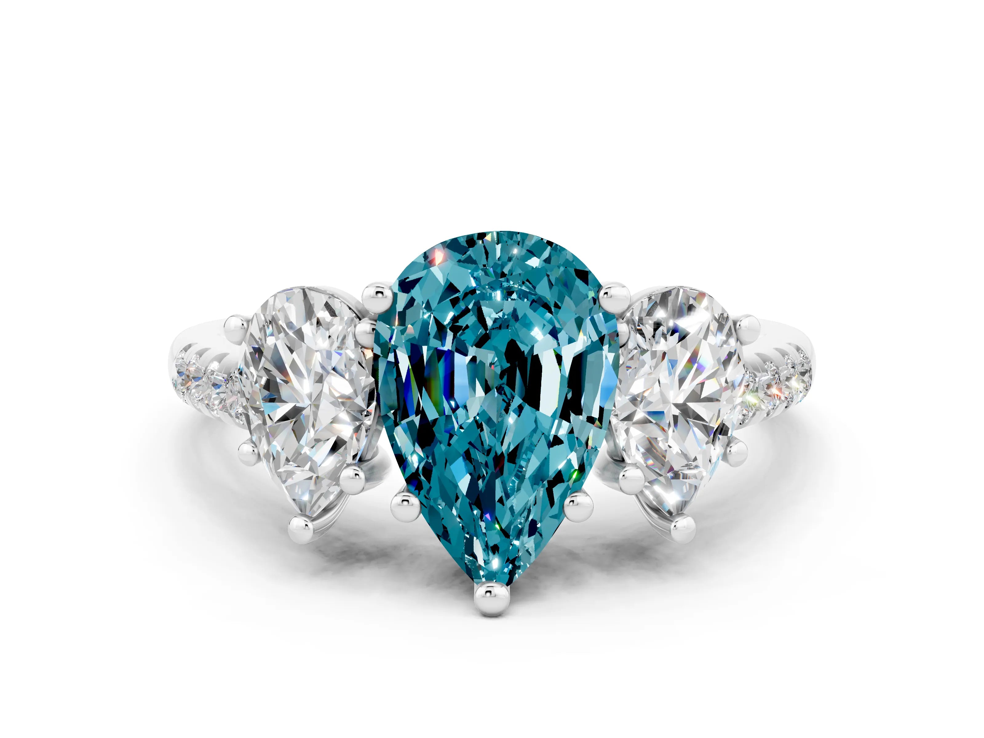 White gold Three-Stone Pear Cut Blue Topaz Ring with Pavé Band and Prong Setting_12
