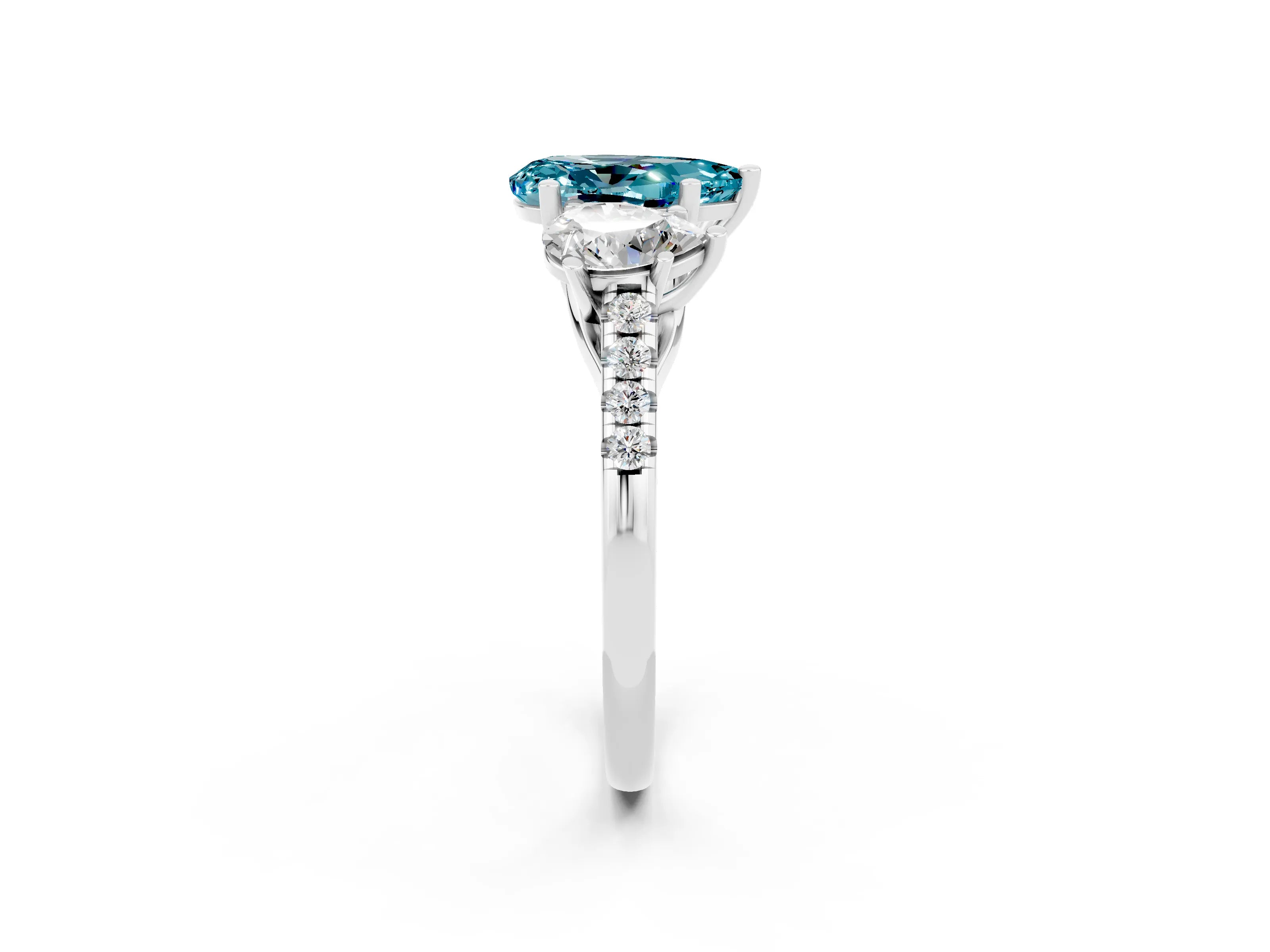 White gold Three-Stone Pear Cut Blue Topaz Ring with Pavé Band and Prong Setting_14