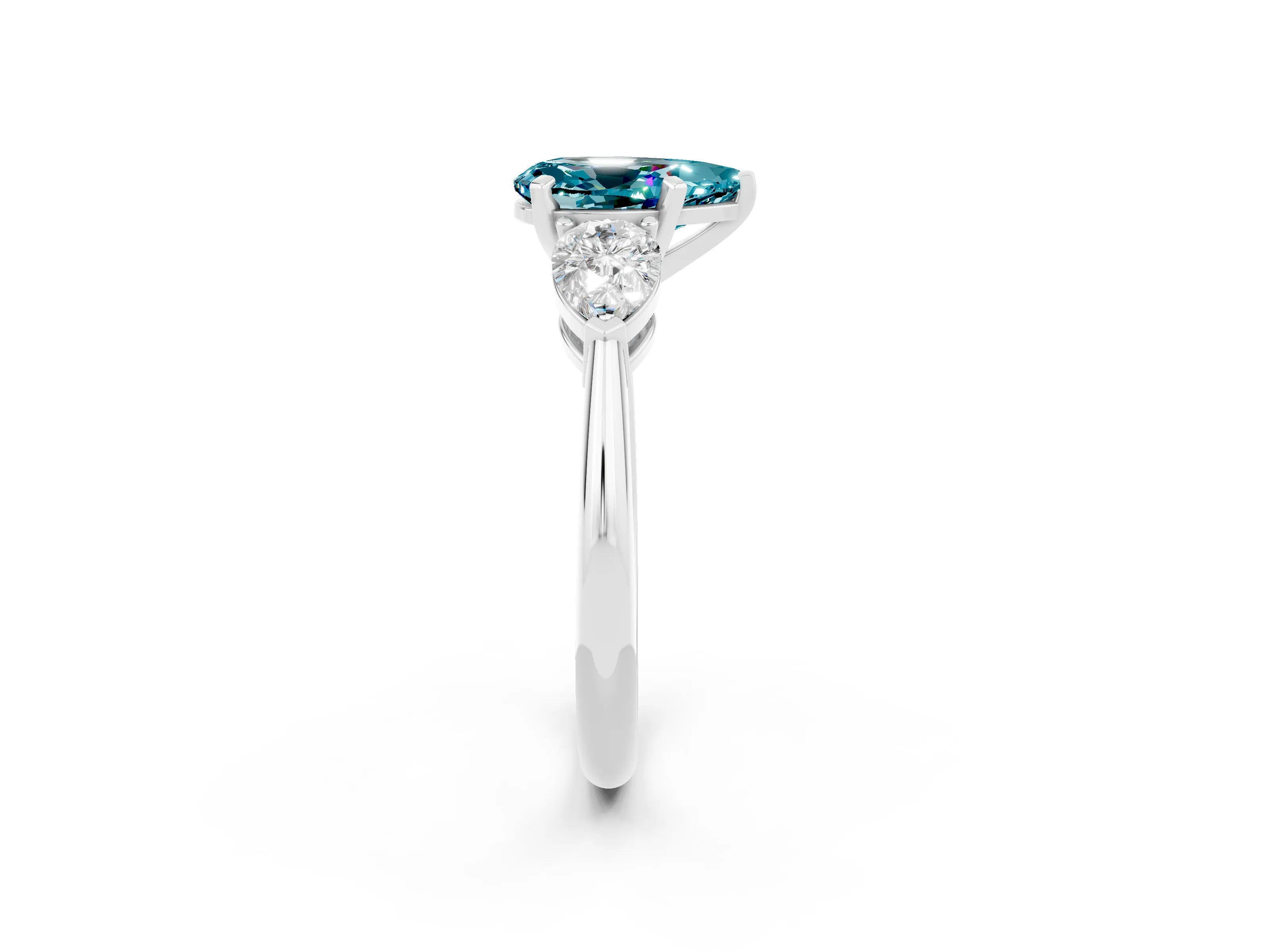 White gold Three-Stone Pear Cut Blue Topaz Ring with Pear Side Stones and Four-Prong Setting_2