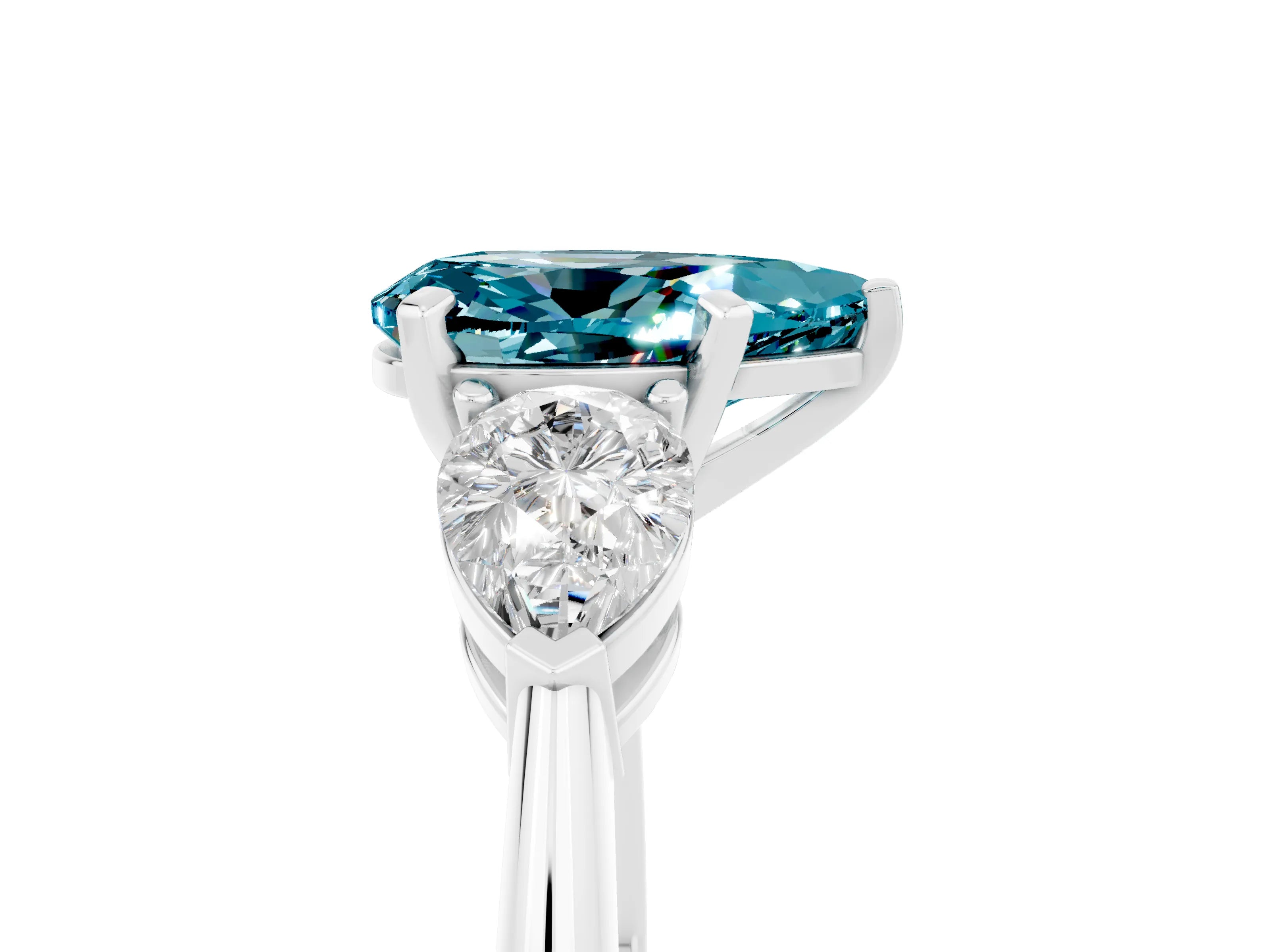 White gold Three-Stone Pear Cut Blue Topaz Ring with Pear Side Stones and Four-Prong Setting_5