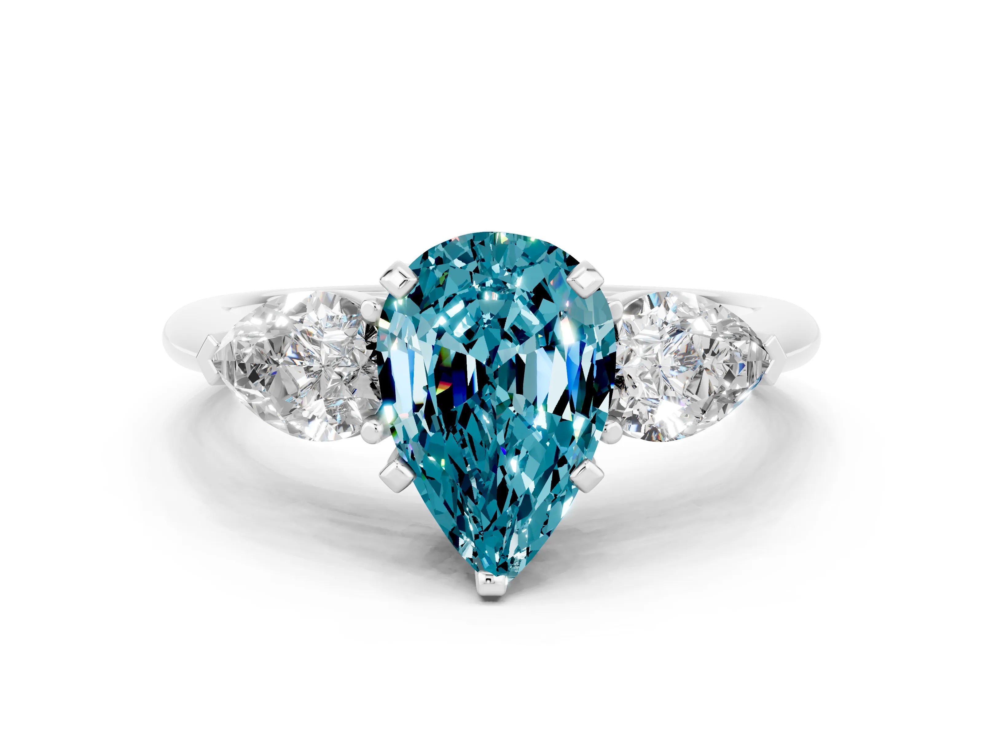 White gold Three-Stone Pear Cut Blue Topaz Ring with Pear Side Stones and Four-Prong Setting