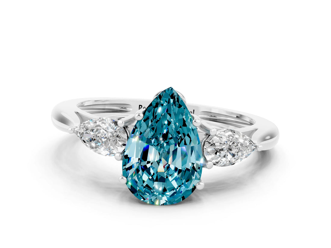 White gold Three-Stone Pear Cut Blue Topaz Ring with Pear  Side Stones in Four-Prong Setting_12
