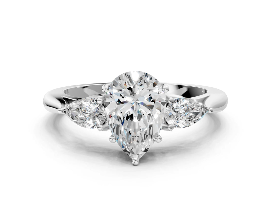 White gold Three-Stone Pear Cut Brilliant Diamond Solitaire Ring with Tapered Band and Four-Prong Setting_13