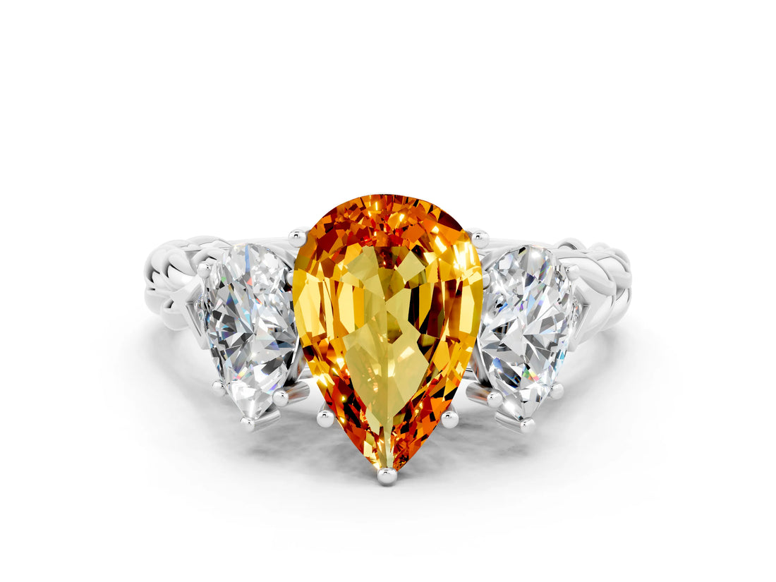White gold Three-Stone Pear Cut Citrine Braided Band Ring with Four-Prong Setting_12
