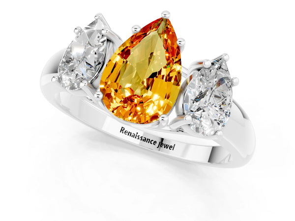 White gold Three-Stone Pear Cut Citrine Engagement Ring with Prong Setting