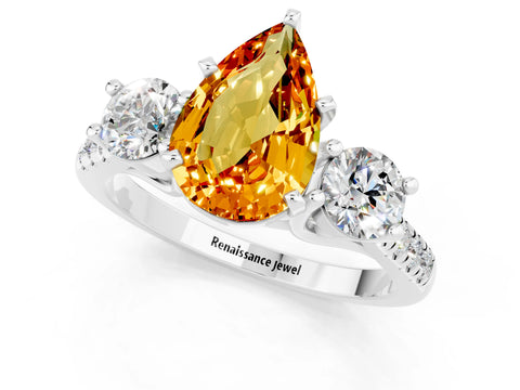 White gold Three-Stone Pear Cut Citrine Pavé Band with Four-Prong Setting_1