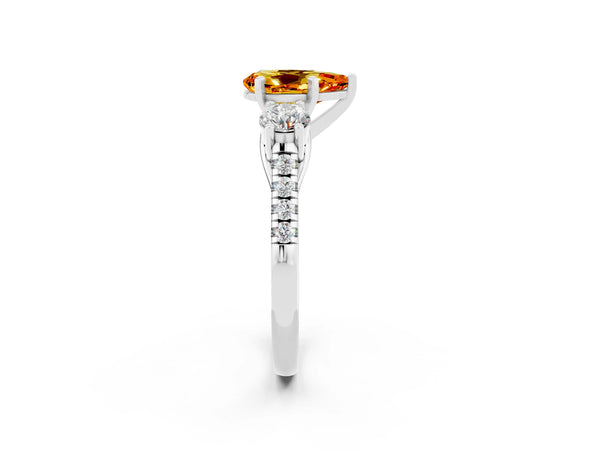 Platinum Three-Stone Pear Cut Citrine Pavé Band with Four-Prong Setting