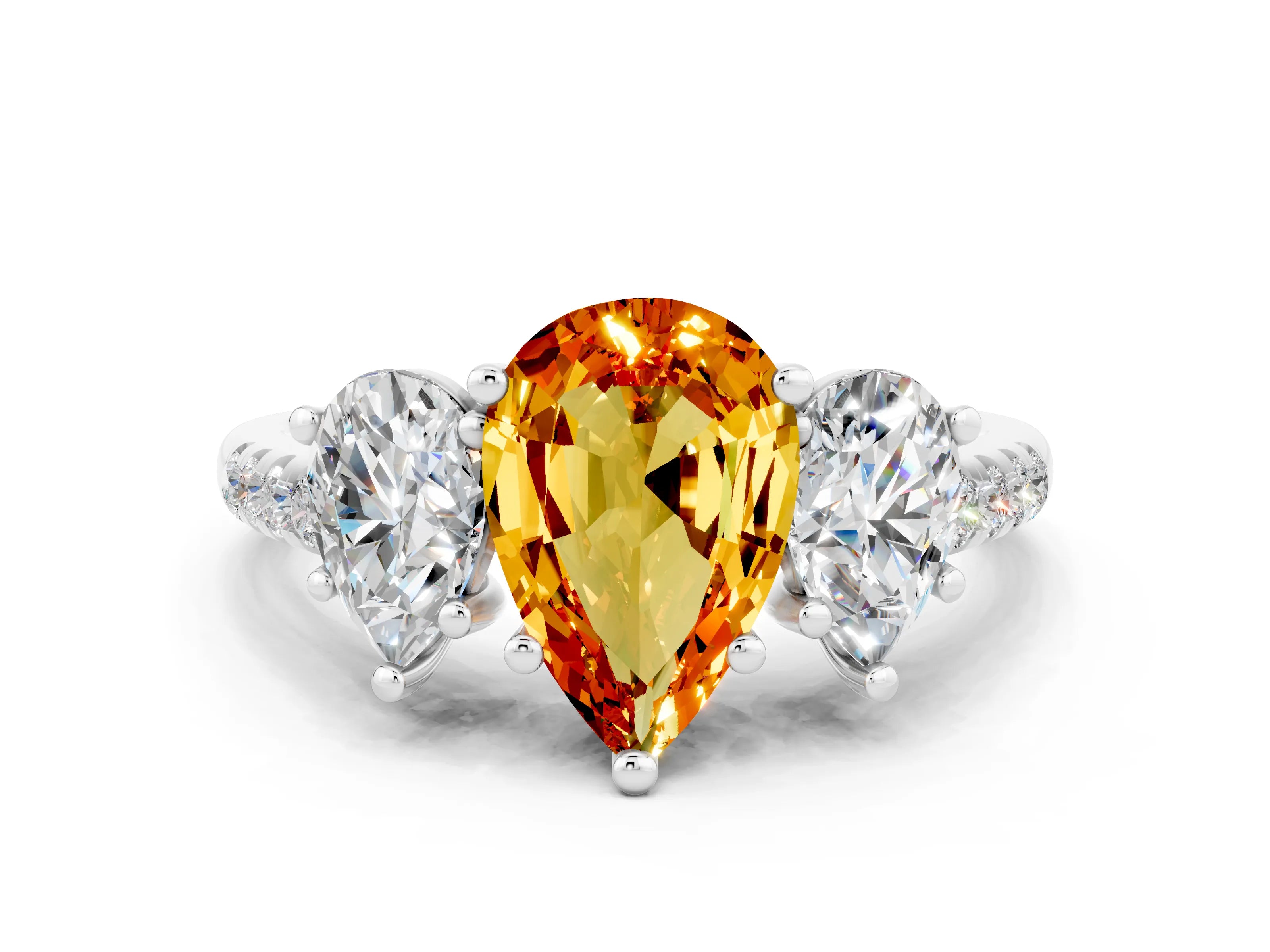 White gold Three-Stone Pear Cut Citrine Ring with Pavé Band and Prong Setting_12