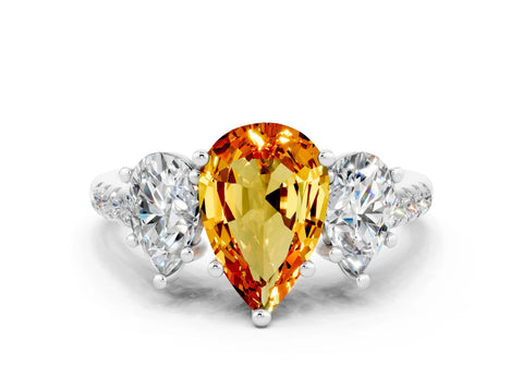White gold Three-Stone Pear Cut Citrine Ring with Pavé Band and Prong Setting_12