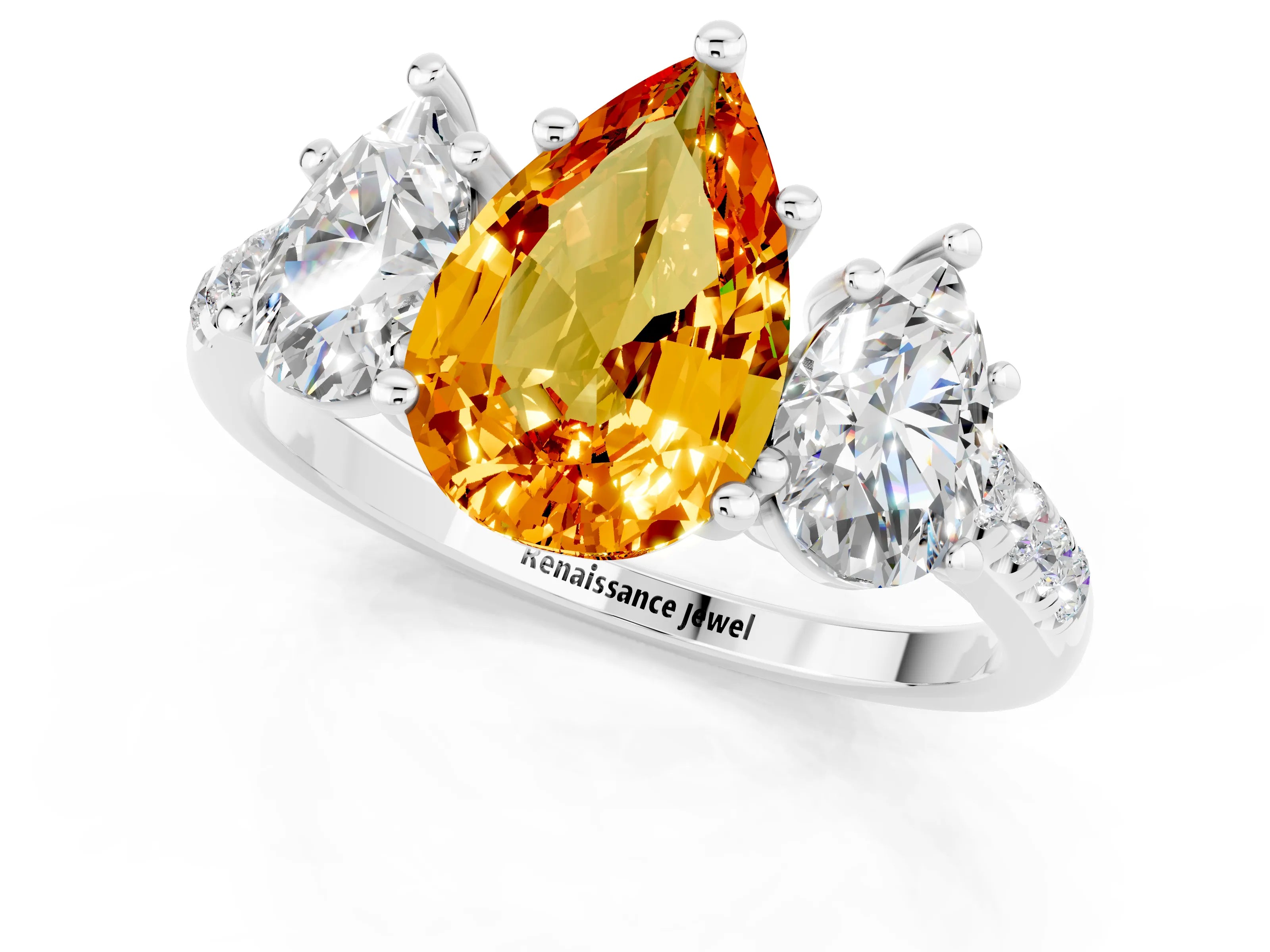 White gold Three-Stone Pear Cut Citrine Ring with Pavé Band and Prong Setting_13