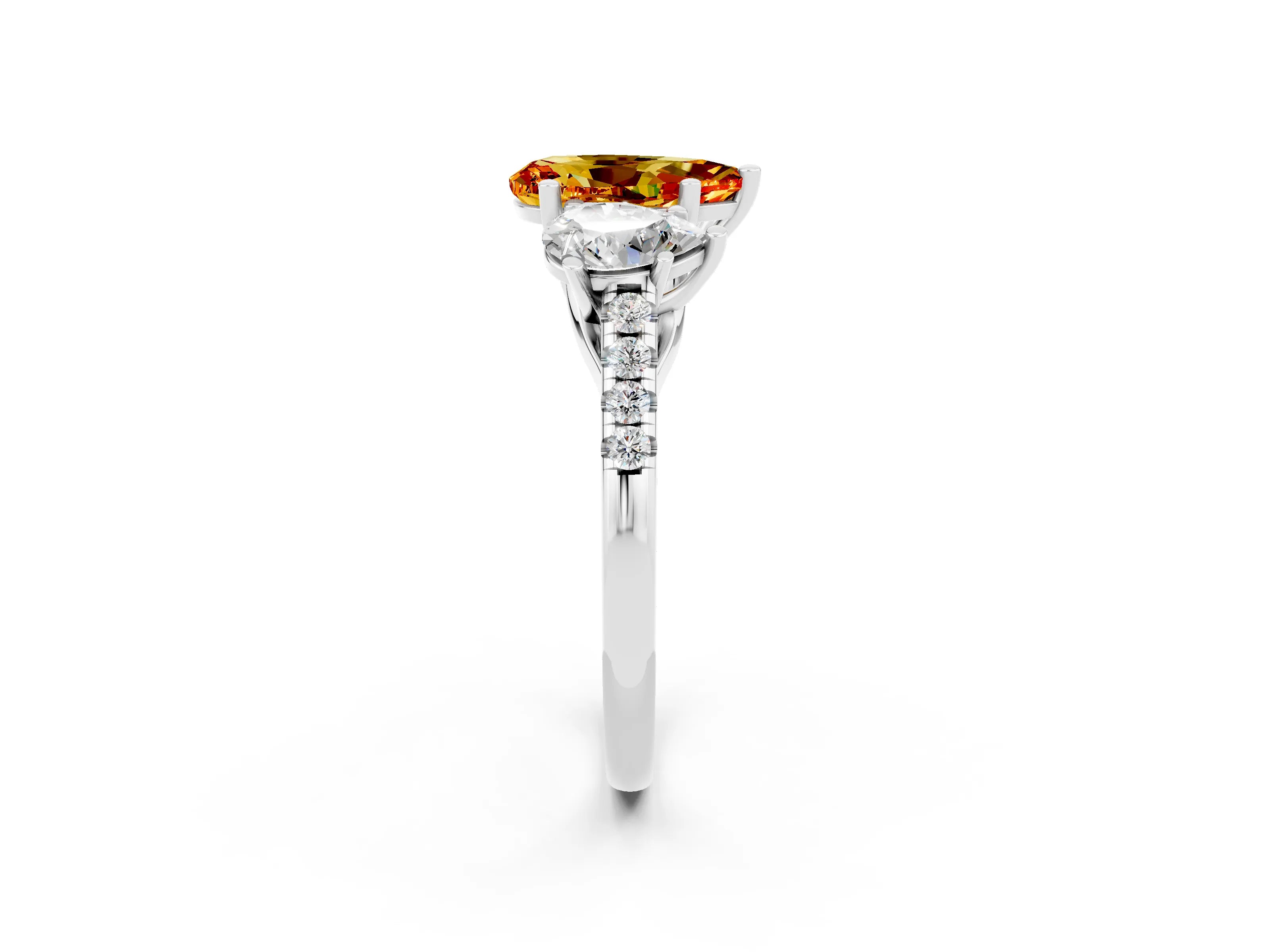 White gold Three-Stone Pear Cut Citrine Ring with Pavé Band and Prong Setting_14