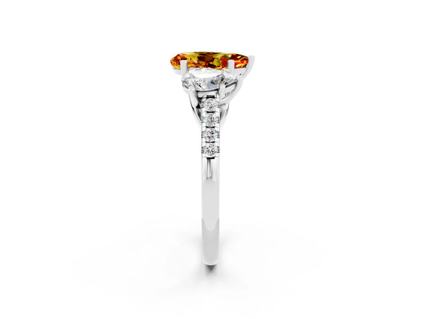 White gold Three-Stone Pear Cut Citrine Ring with Round  Pavé Band and Prong Setting