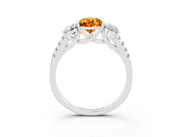Platinum Three-Stone Pear Cut Citrine Ring with Round  Pavé Band and Prong Setting