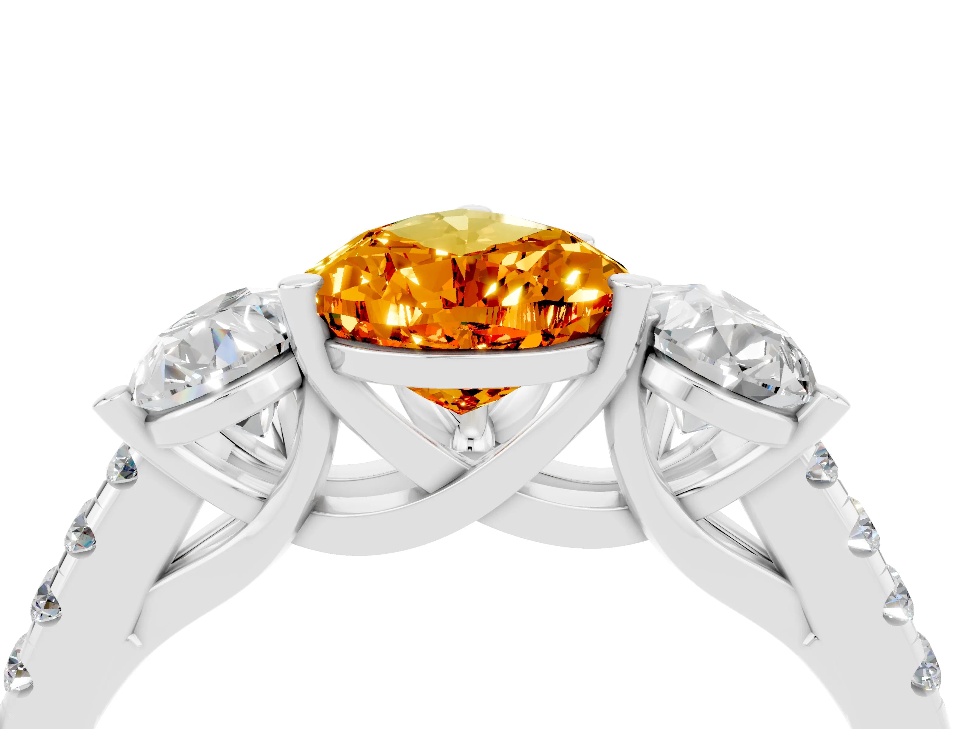 White gold Three-Stone Pear Cut Citrine Ring with Pavé Band and Prong Setting_16
