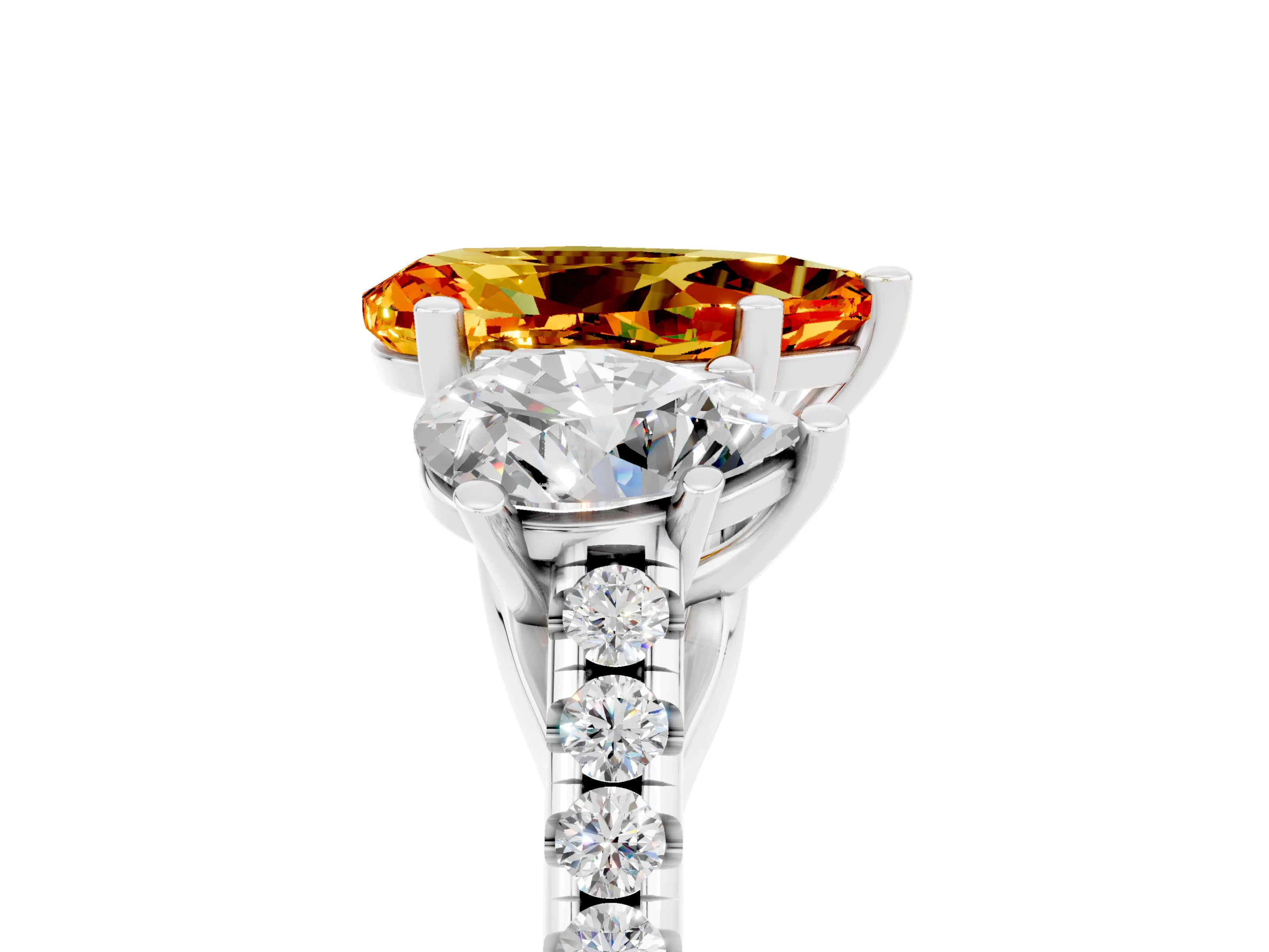 White gold Three-Stone Pear Cut Citrine Ring with Pavé Band and Prong Setting_17