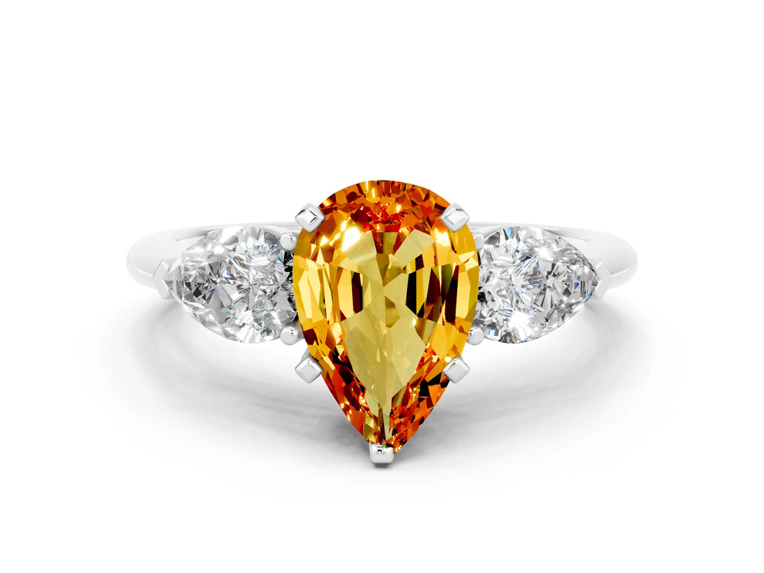White gold Three-Stone Pear Cut Citrine Ring with Pear Side Stones and Four-Prong Setting