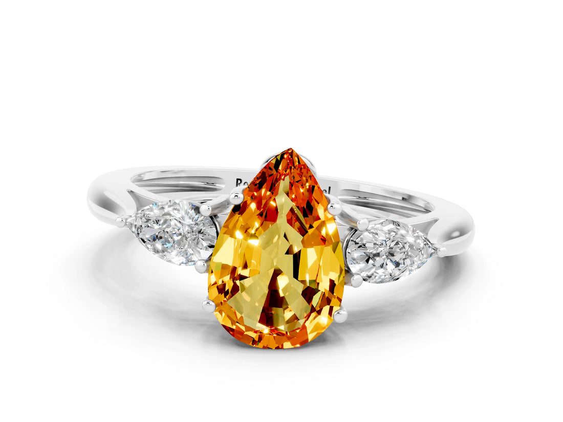 White gold Three-Stone Pear Cut Citrine Ring with Pear  Side Stones in Four-Prong Setting_12