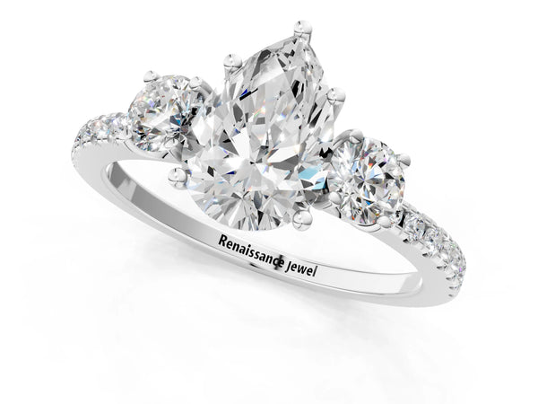White Gold Pear-Shaped Three Stone Pave Engagement Ring Setting with Small Side Stones