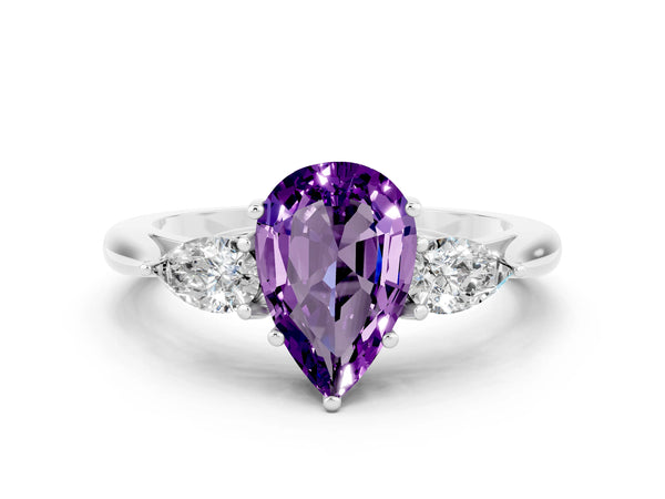 Silver Three-Stone Pear Cut Amethyst Ring with Pear  Side Stones in Four-Prong Setting
