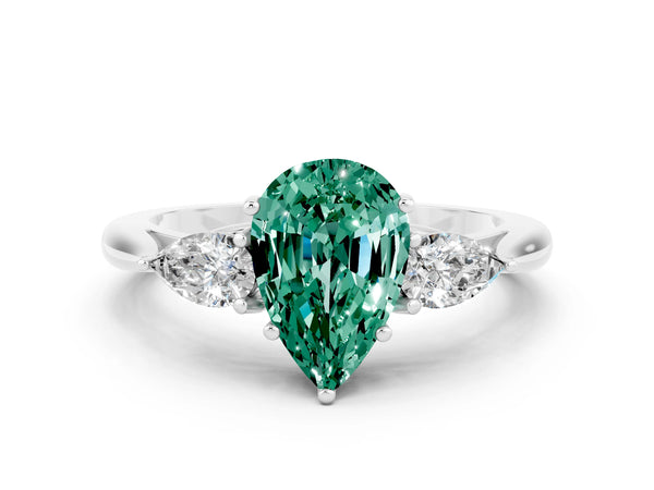 Silver Three-Stone Pear Cut Green Sapphire Ring with Pear  Side Stones in Four-Prong Setting