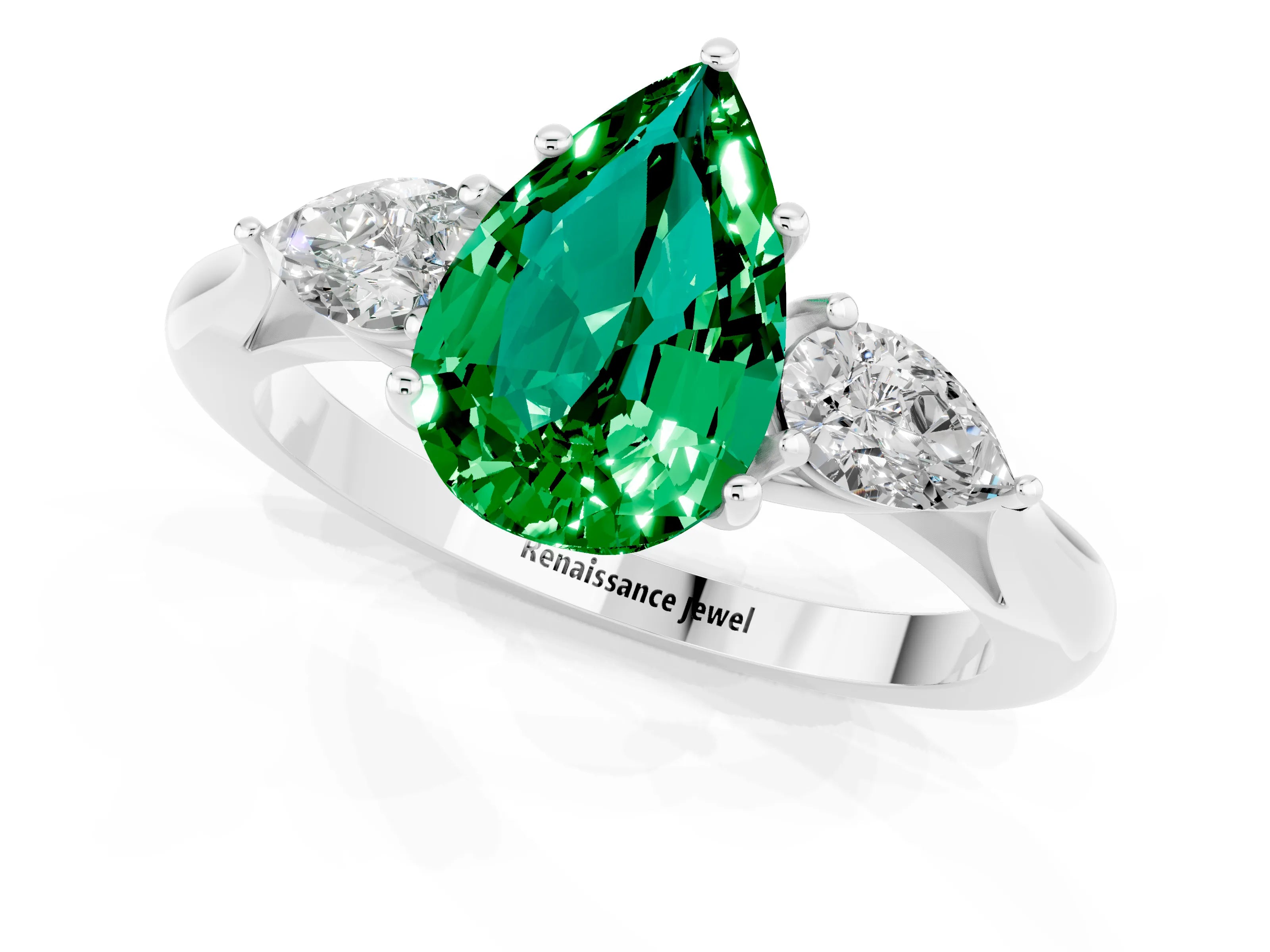 White gold Three-Stone Pear Cut Cut Diamond Ring with Pear Side Stones in Four-Prong Setting_1