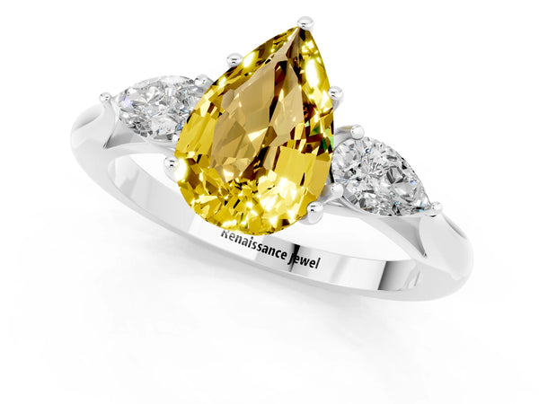 Platinum Three-Stone Pear Cut Yellow Sapphire Ring with Pear  Side Stones in Four-Prong Setting