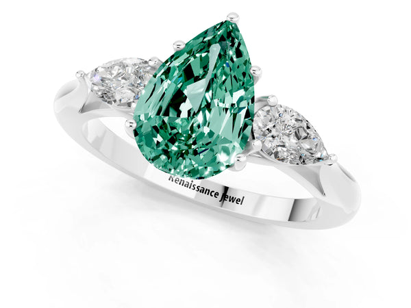 Platinum Three-Stone Pear Cut Green Sapphire Ring with Pear  Side Stones in Four-Prong Setting