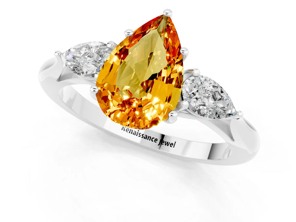 Silver Three-Stone Pear Cut Citrine Ring with Pear  Side Stones in Four-Prong Setting