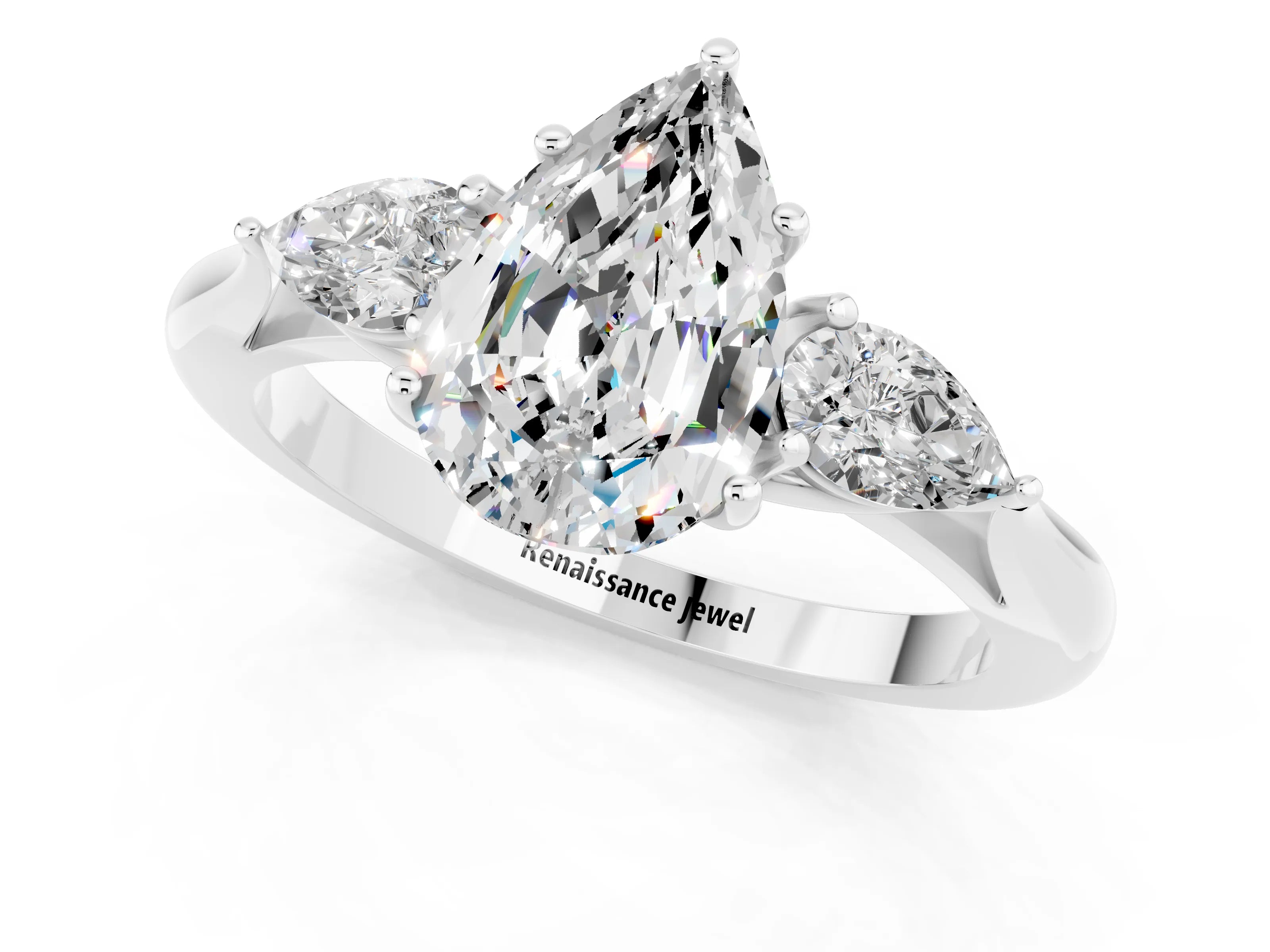 White gold Three-Stone Pear Cut Cut Diamond Ring with Pear Side Stones in Four-Prong Setting_1
