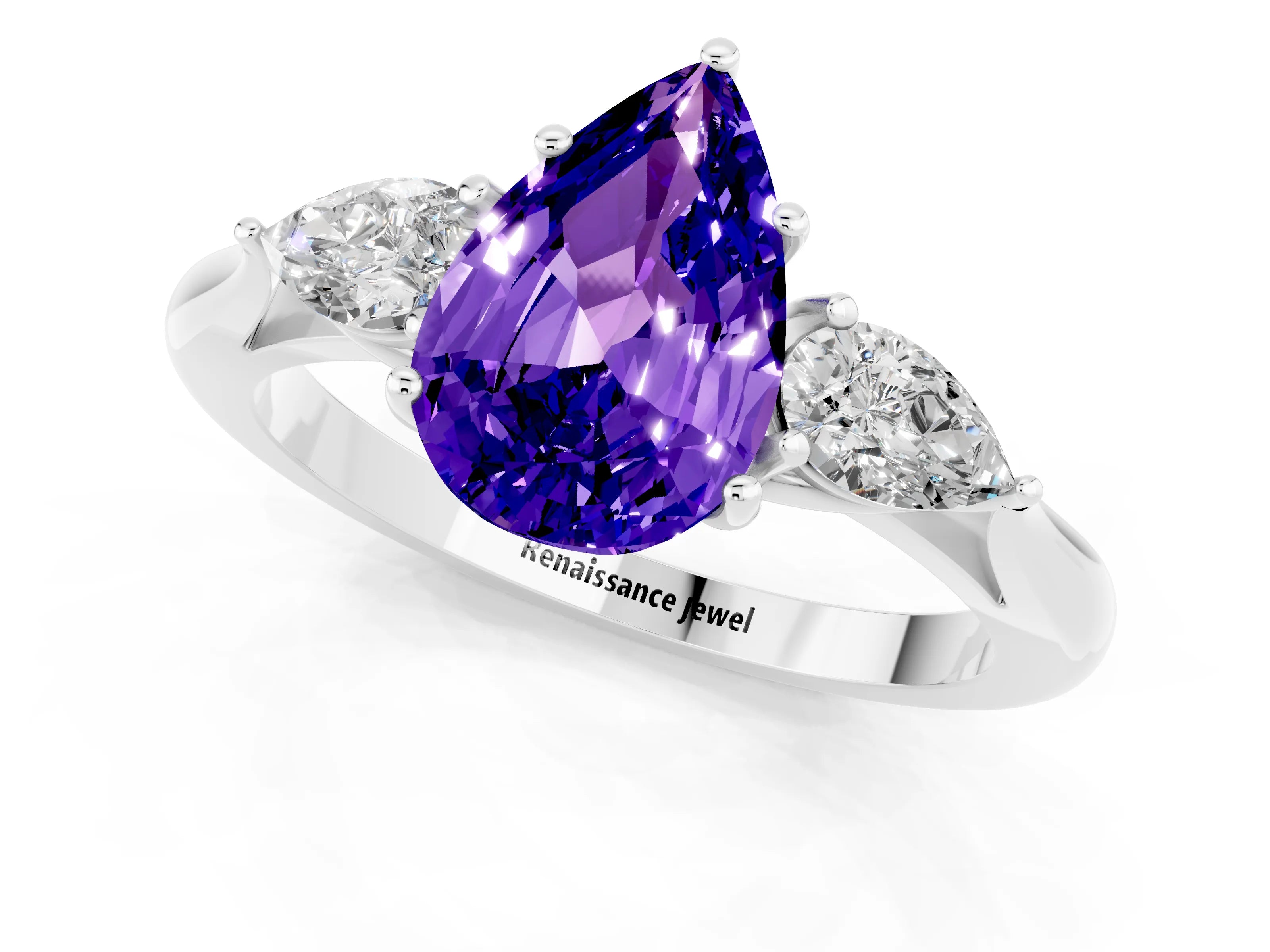 White gold Three-Stone Pear Cut Cut Diamond Ring with Pear Side Stones in Four-Prong Setting_1