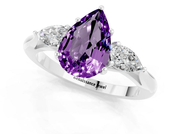 Platinum Three-Stone Pear Cut Amethyst Ring with Pear  Side Stones in Four-Prong Setting