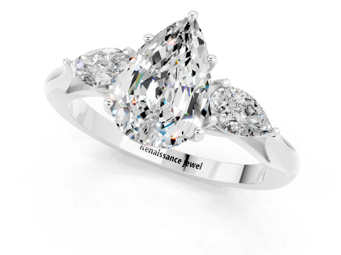 White gold Three-Stone Pear Cut Cut Diamond Ring with Pear Side Stones in Four-Prong Setting_1