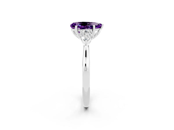 Platinum Three-Stone Pear Cut Amethyst Ring with Pear  Side Stones in Four-Prong Setting